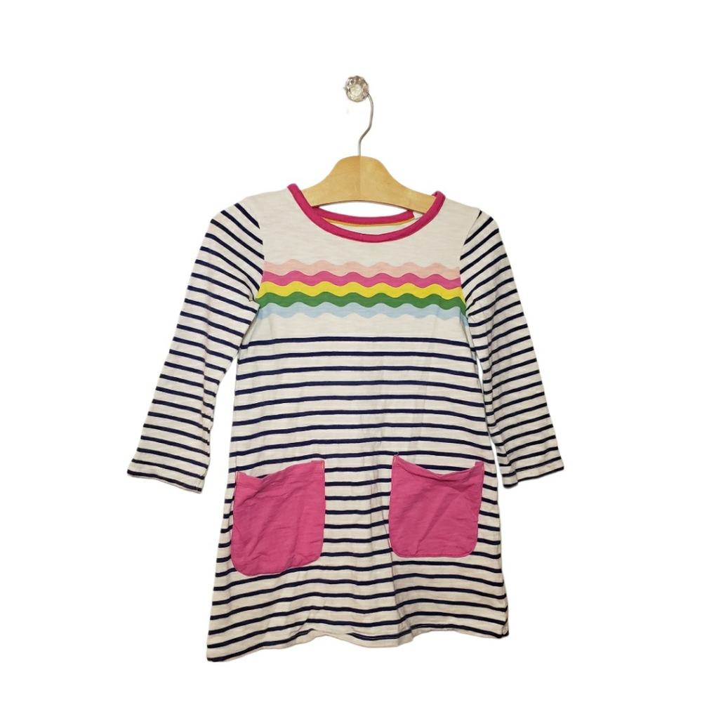 Mini Boden 4-5 Girls Long Sleeve Rainbow Striped Cotton Dress with Patch Pockets